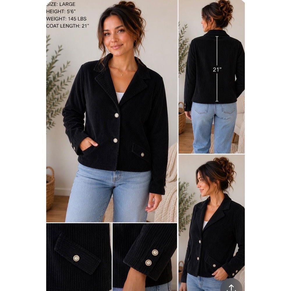 Erika Black Corduroy Blazer Jacket Womens Size 12 Floral Lined Cotton Button Up